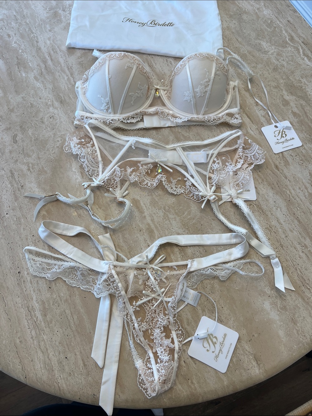 Honey Birdette Ivory Embroidered Lace Bra, Garter & Thong Set